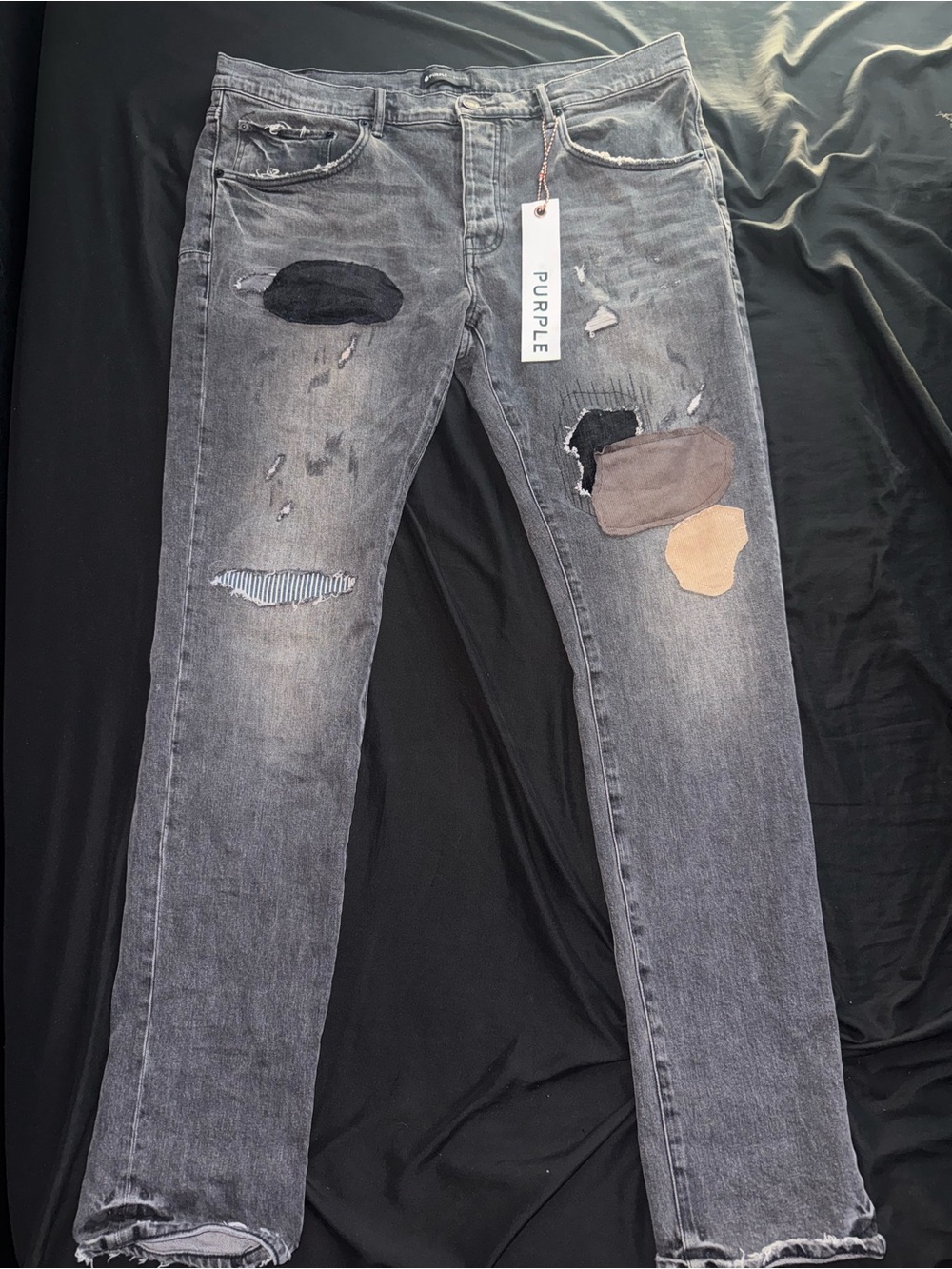 Purple Men's Slim Straight Distressed Patchwork Jeans - Gray